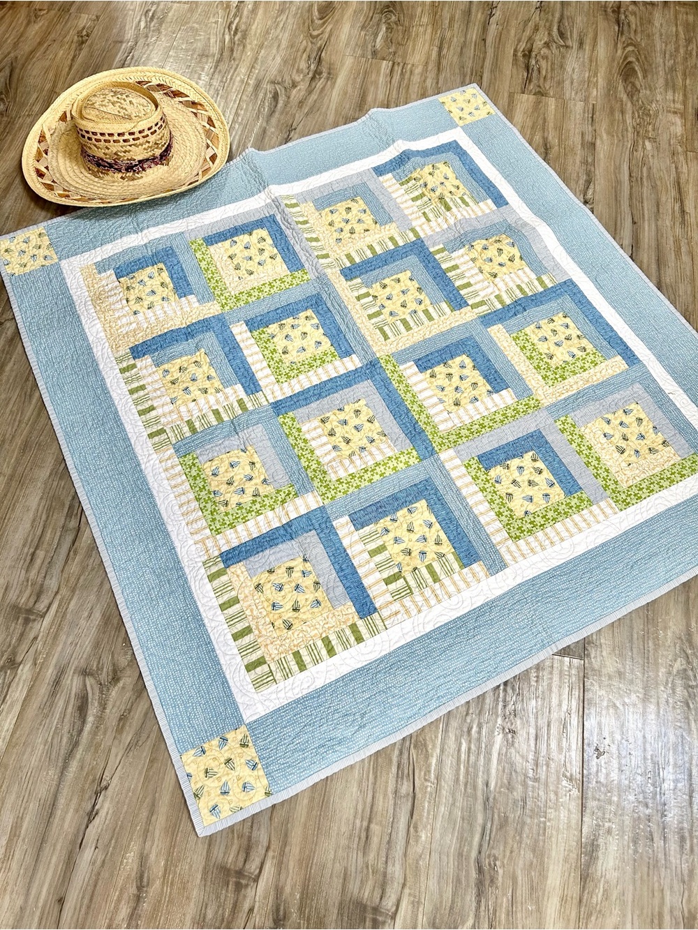 Sailor baby quilt/lap blanket Artisan Blue and Yellow green Patchwork Quilt